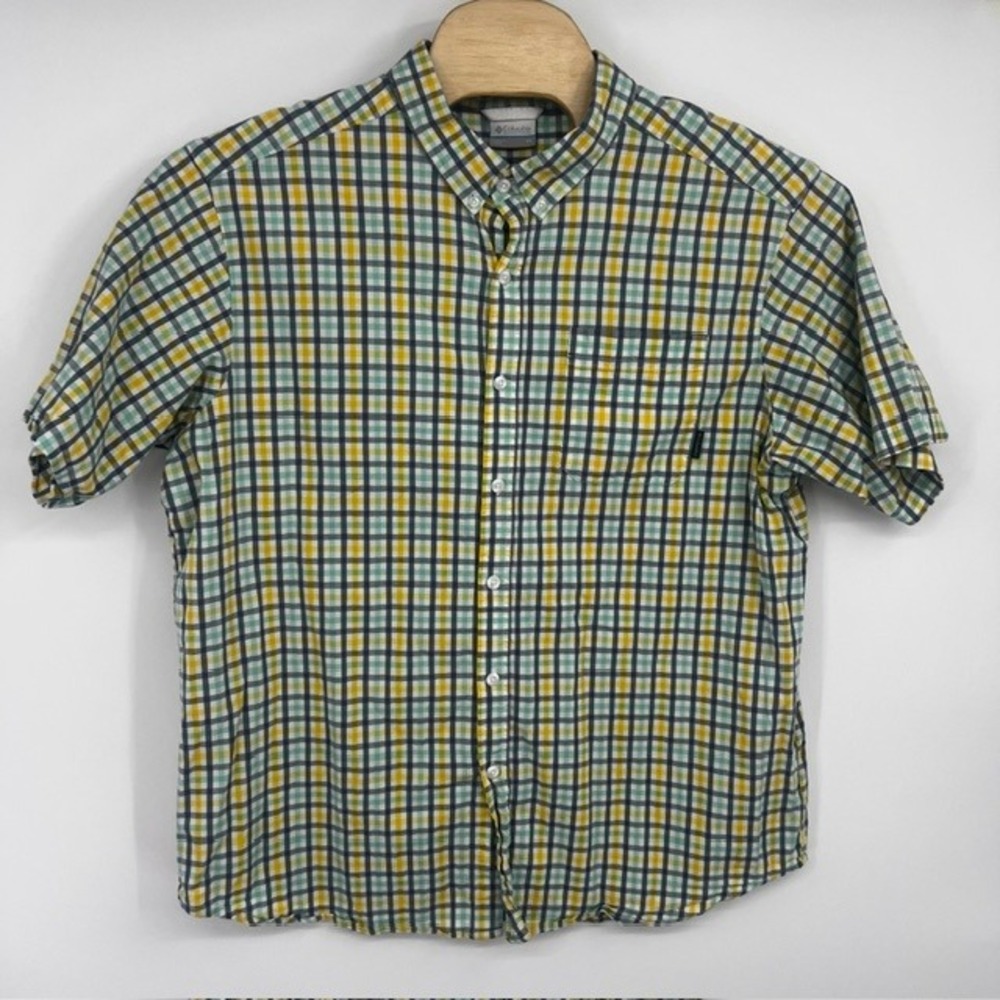 Columbia Mens 2X Regular Fit Yellow & Green Plaid Short Sleeve Button Down Shirt